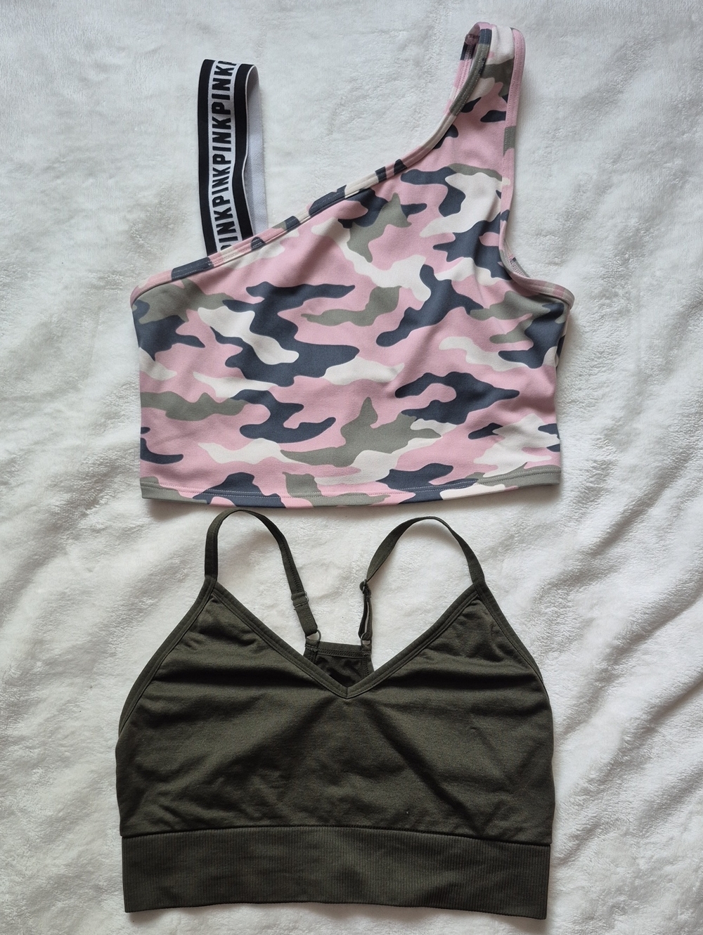 PINK Victoria's Secret Pink & Olive Camo One-Shoulder Bra Set